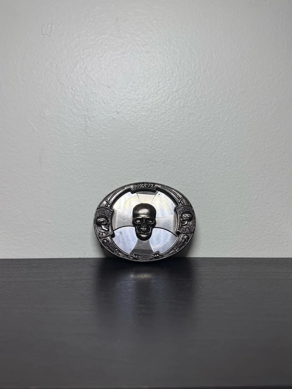 Y2K 2000s Engraved Silver Skull Pirates Cross Spinner Belt Buckle